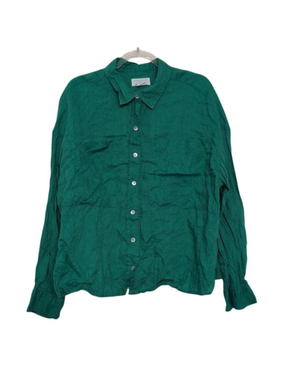 Cynthia Rowley 100% Linen Shirt Womens Size Large Green Relaxed Long Sleeve Boxy